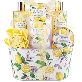 Bath Gift Set, Lemon Citrus Spa Gift Basket for Women, Includes Shower Gel, Bubble Bath, Body Lotion, Bath Frizzes 8 Pcs, Great Gift Idea for Her Birthday