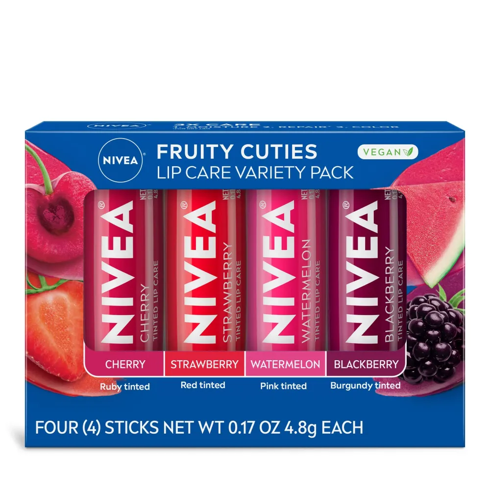NIVEA Lip Care, Fruity Tinted Lip Balm Variety Pack, Skin Care Gifts for Mom, Cherry, Strawberry, Blackberry and Watermelon Flavors, 3-in-1 Moisture, Repair and Color, 0.17 Oz Stick, Pack of 4 NIVEA Lip Care, Fruity Tinted Lip Balm Variety Pack, Skin Care Gifts for Mom, Cherry, Strawberry, Blackberry and Watermelon Flavors, 3-in-1 Moisture, Repair and Color, 0.17 Oz Stick, Pack of 4