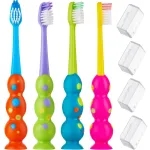 Kids Toothbrush 4 Pack - Soft Bristles with Suction Cup - Toothbrush Kids, Child Sized Brush Heads, 3-10 Year Old Kid Toothbrush with Easy Storage - Toddler, Girl and Boy Set (4-Pack, Multi-Color)