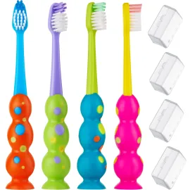 Kids Toothbrush 4 Pack - Soft Bristles with Suction Cup - Toothbrush Kids, Child Sized Brush Heads, 3-10 Year Old Kid Toothbrush with Easy Storage - Toddler, Girl and Boy Set (4-Pack, Multi-Color)