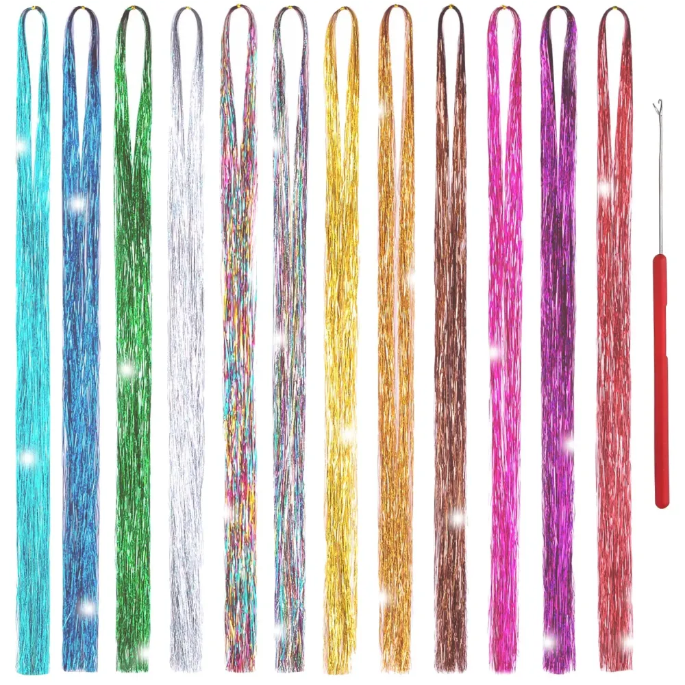 Hair Tinsel Kit 12 Colors, 2500 Strands 48 Inches Sparkling Tinsel Hair Extensions with Tool, Fairy Hair Tinsel for Birthday Halloween Christmas New Year Party Hair Tinsel Kit 12 Colors, 2500 Strands 48 Inches Sparkling Tinsel Hair Extensions with Tool, Fairy Hair Tinsel for Birthday Halloween Christmas New Year Party