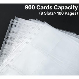 HERKKA Trading Card Sleeve Pages, 100 Pack 9 Pocket Album Pages 11 Holes Fit 3 Ring Binder