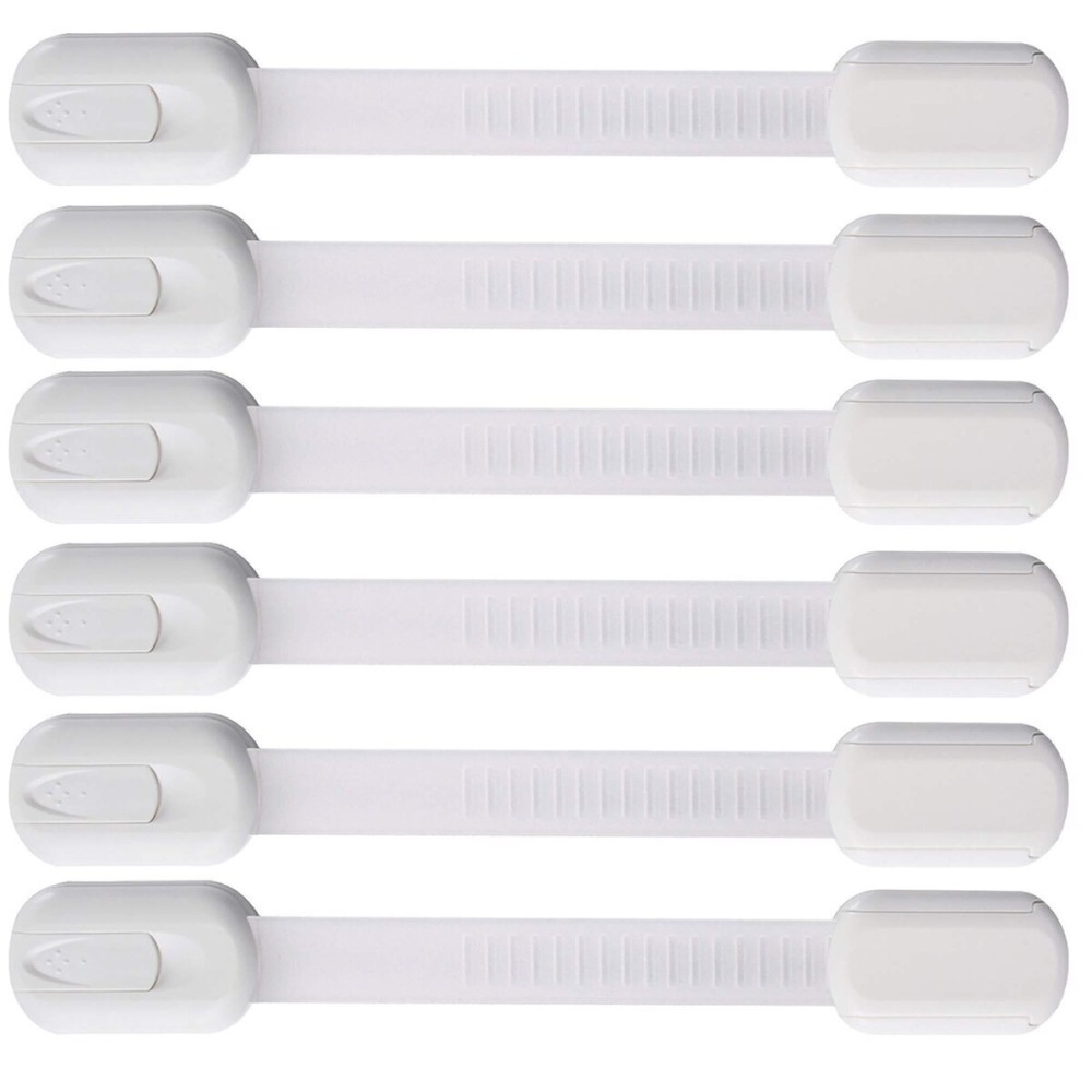 6 Pack Vmaisi Multi-Use Adhesive Straps Locks - Childproofing Baby Proofing Cabinet Latches for Drawers, Fridge, Dishwasher, Toilet Seat, Cupboard, Oven,Trash Can, No Drilling (White) (6)