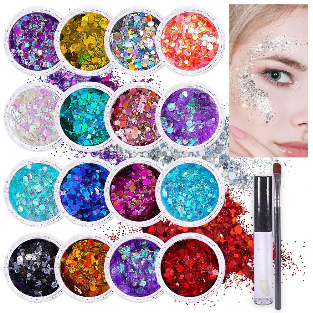 Chunky Holographic Body Glitter I 16 Colors + Glitter Glue for Face Glitter Makeup, Hair, Eye & Fine Glitter Eyeshadow - Perfect for Halloween, Slime, Resin, Tumblers, Craft, Cosmetic & Nail Art