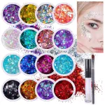 Chunky Holographic Body Glitter I 16 Colors + Glitter Glue for Face Glitter Makeup, Hair, Eye & Fine Glitter Eyeshadow - Perfect for Halloween, Slime, Resin, Tumblers, Craft, Cosmetic & Nail Art