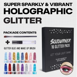 Chunky Holographic Body Glitter I 16 Colors + Glitter Glue for Face Glitter Makeup, Hair, Eye & Fine Glitter Eyeshadow - Perfect for Halloween, Slime, Resin, Tumblers, Craft, Cosmetic & Nail Art