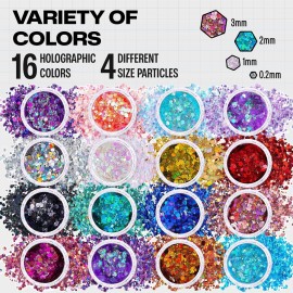 Chunky Holographic Body Glitter I 16 Colors + Glitter Glue for Face Glitter Makeup, Hair, Eye & Fine Glitter Eyeshadow - Perfect for Halloween, Slime, Resin, Tumblers, Craft, Cosmetic & Nail Art