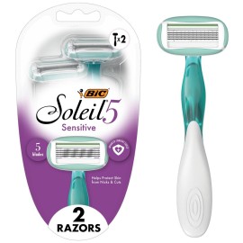 BIC Soleil Sensitive Advanced Women\'s Disposable Razors with 5 Blades, Designed for a Closer Shave,Gift for Women, 2-Pack