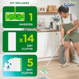 Swiffer Sweeper 2-in-1 Dry + Wet Floor Mopping and Sweeping Kit, Multi-Surface Kit for Floor Cleaning, Kit Includes 1 Sweeper, 14 Dry Sweeping Cloths, 5 Wet Mopping Cloths Swiffer Sweeper 2-in-1 Dry + Wet Floor Mopping and Sweeping Kit, Multi-Surface Kit for Floor Cleaning, Kit Includes 1 Sweeper, 14 Dry Sweeping Cloths, 5 Wet Mopping Cloths