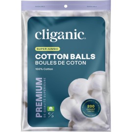 Cliganic Super Jumbo Cotton Balls (200 Count) - Hypoallergenic, Absorbent, Large Size, 100% Pure (Packaging May Vary)