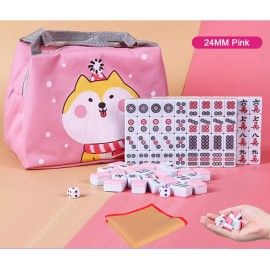HenMerry Chinese Mahjong Set 144 Tiles Mahjong Accessories Handbag Tablecloth Chinese Classic Tile Mini Mahjong Travel Set 24MM Pink