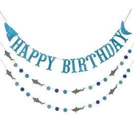 Shark Happy Birthday Banner and Shark Garlands, Ocean Beach Under The Sea Theme Party, Shark Party Supplies (Blue)