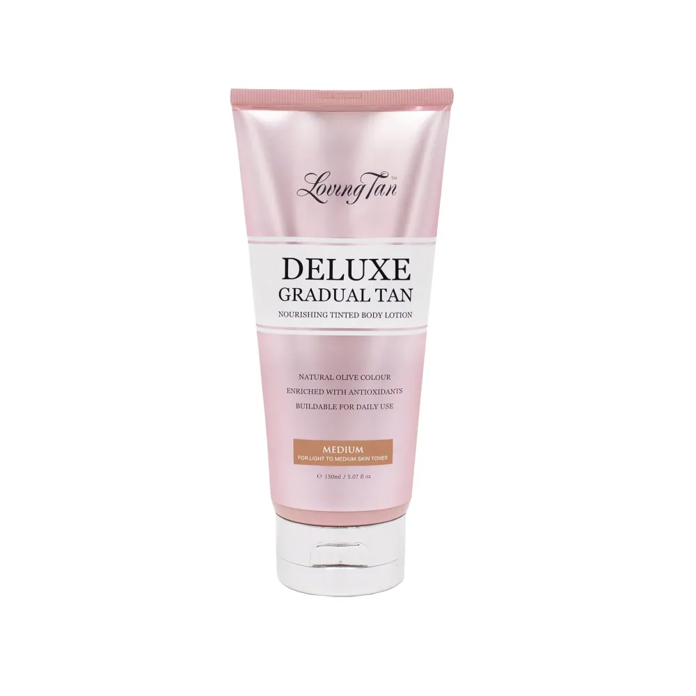 Loving Tan Deluxe Gradual Tan Lotion, Medium- Natural Looking Self Tanner, Professional Strength Sunless Tanner, 7+ Self Tanning Applications per Bottle-Cruelty Free, Naturally Derived DHA-5.07 Fl Oz Loving Tan Deluxe Gradual Tan Lotion, Medium- Natural Looking Self Tanner, Professional Strength Sunless Tanner, 7+ Self Tanning Applications per Bottle-Cruelty Free, Naturally Derived DHA-5.07 Fl Oz