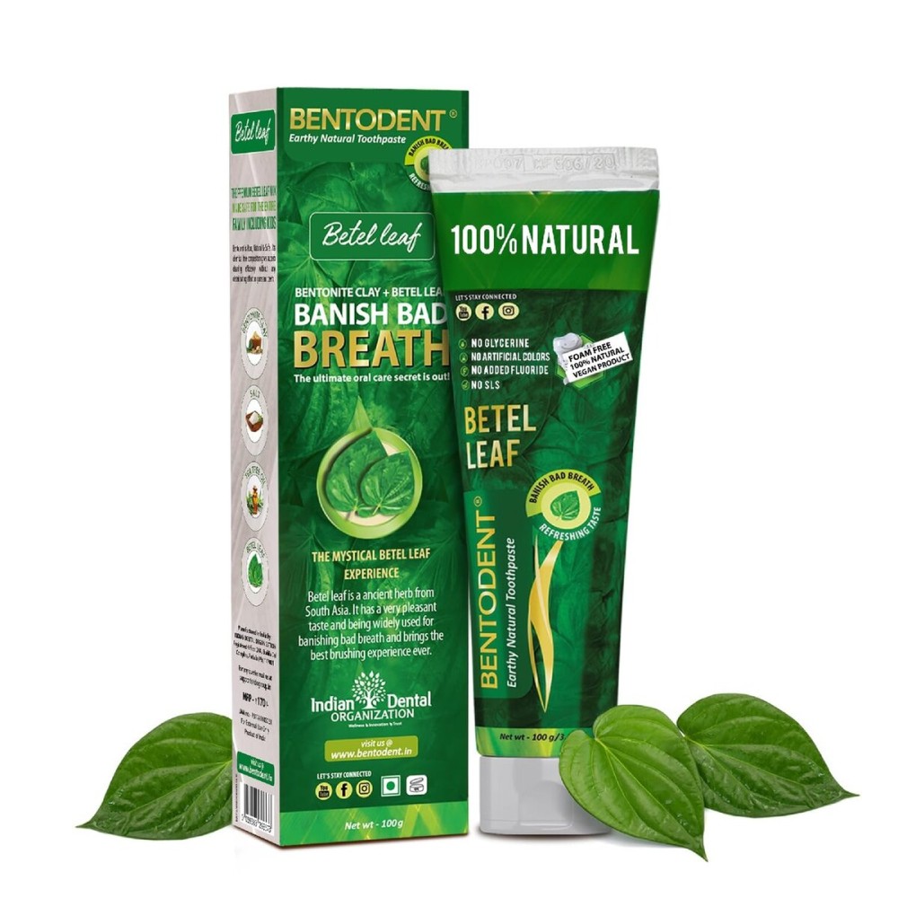 Bentodent Fluoride Free Remineralizing Calcium Bentonite Clay Natural Toothpaste-Certified Organic Ingredients-SLS Free,Vegan, Sensitive and Teeth Whitening - Adult & Kids (Betel Leaf)