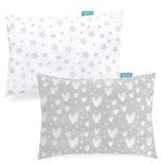Biloban Organic Cotton Toddler Pillowcase 2 Pack, (Pillowcase Only) Kids Pillowcase for Sleeping Fit Pillow Sized 13x 18 or 14x19, Envelope Travel Pillow Case for Girl Boy, Gray Heart & White Star