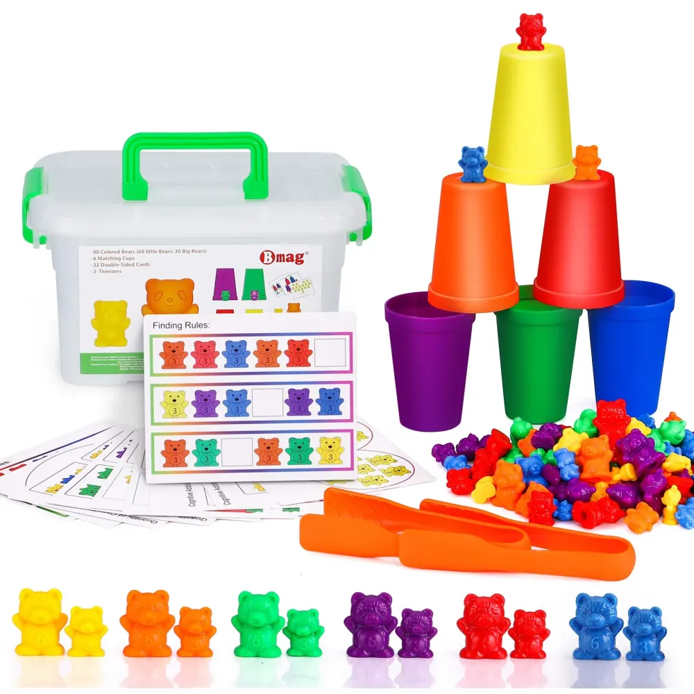 Bmag Counting Bears with Matching Sorting Cups,Number Color Recognition STEM Educational Toy for Toddler, Pre-School Learning Toy with 90 Bears,2 Tweezers,11 Activity Cards,1 Storage Box Bmag Counting Bears with Matching Sorting Cups,Number Color Recognition STEM Educational Toy for Toddler, Pre-School Learning Toy with 90 Bears,2 Tweezers,11 Activity Cards,1 Storage Box