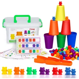 Bmag Counting Bears with Matching Sorting Cups,Number Color Recognition STEM Educational Toy for Toddler, Pre-School Learning Toy with 90 Bears,2 Tweezers,11 Activity Cards,1 Storage Box