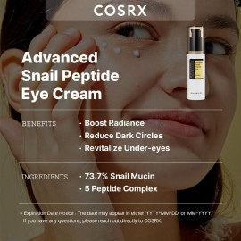 COSRX Snail Mucin Peptide Under Eye Cream, 0.84 fl oz, 73.7% Snail Mucin and Niacinamide, Mothers day gifts for mom, Eye Care, Eye Cream Anti Aging, Dark Circles, Korean Skin Care COSRX Snail Mucin Peptide Under Eye Cream, 0.84 fl oz, 73.7% Snail Mucin and Niacinamide, Mothers day gifts for mom, Eye Care, Eye Cream Anti Aging, Dark Circles, Korean Skin Care