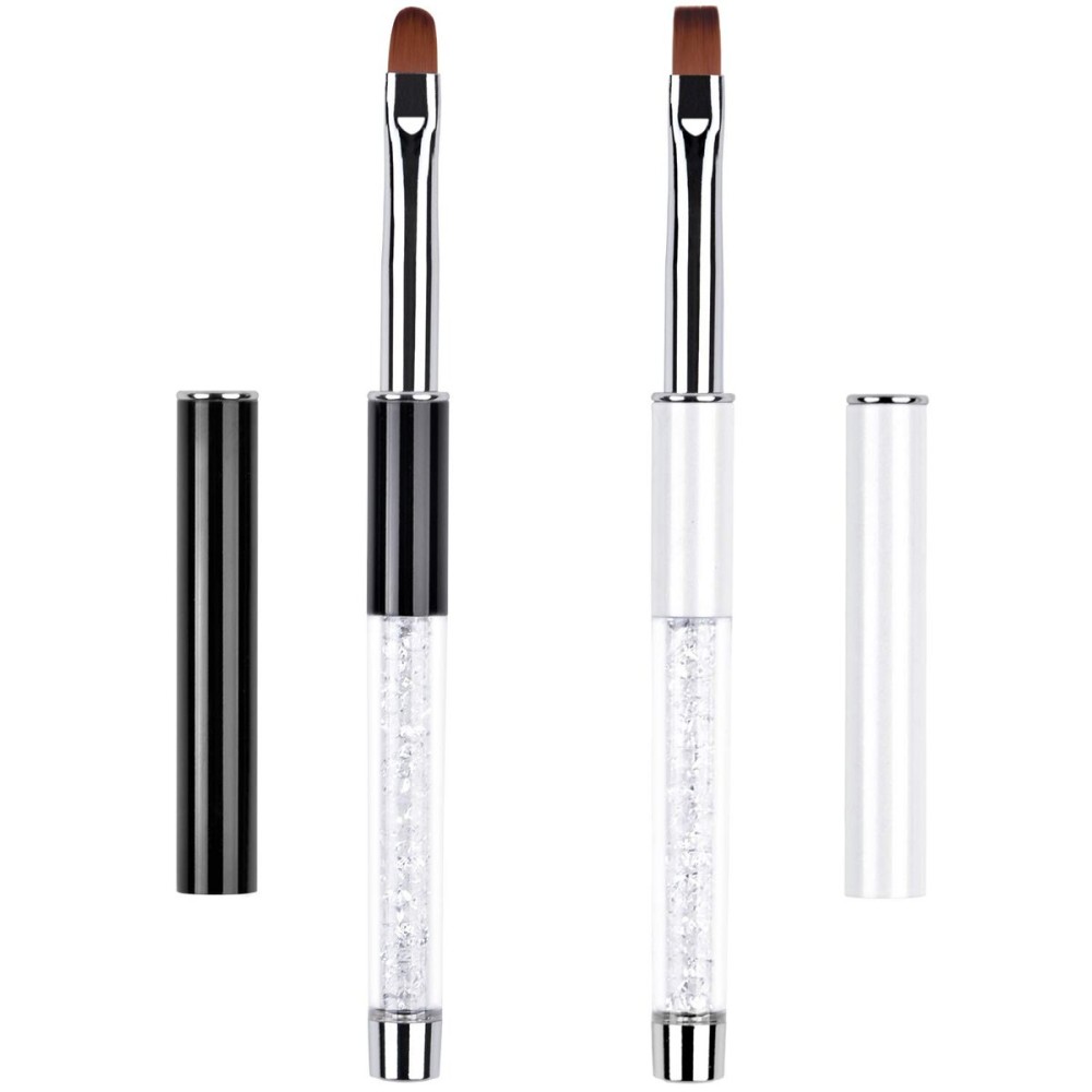 Ycyan 2Pcs Oval & Flat UV Gel Nail Brush Set Rhinestone Handle Professional Nail Art Design Brushes