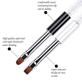 Ycyan 2Pcs Oval & Flat UV Gel Nail Brush Set Rhinestone Handle Professional Nail Art Design Brushes