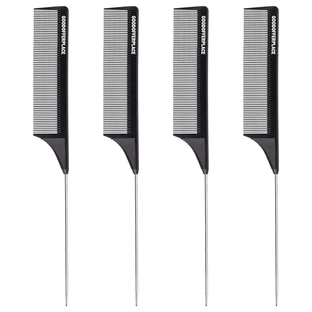 Goodofferplace 4 PCS Rat Tail Combs Parting Rattail Combs Teasing Fine Tooth Comb with Metal Pick for Curly Hair,Detangling Combs for Women,Parting Combs for Braiding,Styling Hair(Black) Goodofferplace 4 PCS Rat Tail Combs Parting Rattail Combs Teasing Fine Tooth Comb with Metal Pick for Curly Hair,Detangling Combs for Women,Parting Combs for Braiding,Styling Hair(Black)