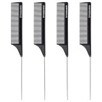 Goodofferplace 4 PCS Rat Tail Combs Parting Rattail Combs Teasing Fine Tooth Comb with Metal Pick for Curly Hair,Detangling Combs for Women,Parting Combs for Braiding,Styling Hair(Black)
