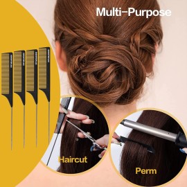 Goodofferplace 4 PCS Rat Tail Combs Parting Rattail Combs Teasing Fine Tooth Comb with Metal Pick for Curly Hair,Detangling Combs for Women,Parting Combs for Braiding,Styling Hair(Black) Goodofferplace 4 PCS Rat Tail Combs Parting Rattail Combs Teasing Fine Tooth Comb with Metal Pick for Curly Hair,Detangling Combs for Women,Parting Combs for Braiding,Styling Hair(Black)