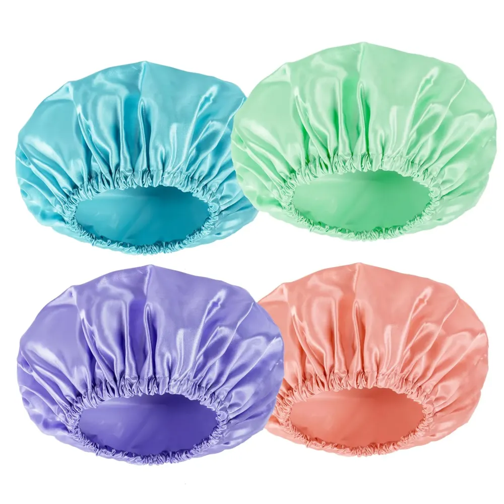 AmazerBath Shower Cap for Women, 4 PCS Double Waterproof Layers Shower Hair Caps, Elastic and Reusable Hair Cap, Environmental Protection Bathing Hat for Women Men Kids