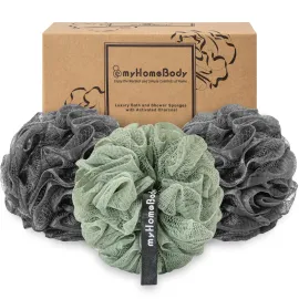 myHomeBody Large 70g Loofah Sponge, Bath Body Scrubber for Women, Men, Exfoliating Shower Pouf with Activated Charcoal - 2 Graphite Gray + 1 Sage Green, 3 Pack