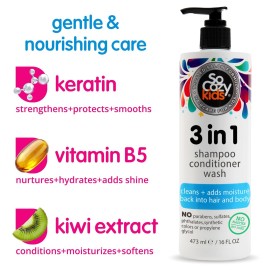 SoCozy 3 in 1 Kids Shampoo + Conditioner + Body Wash (16 Fl Oz) Gentle, Hydrating Hair & Body Cleanser with Keratin, Vitamin B5, & Kiwi Extract, Paraben & Sulfate-Free SoCozy 3 in 1 Kids Shampoo + Conditioner + Body Wash (16 Fl Oz) Gentle, Hydrating Hair & Body Cleanser with Keratin, Vitamin B5, & Kiwi Extract, Paraben & Sulfate-Free