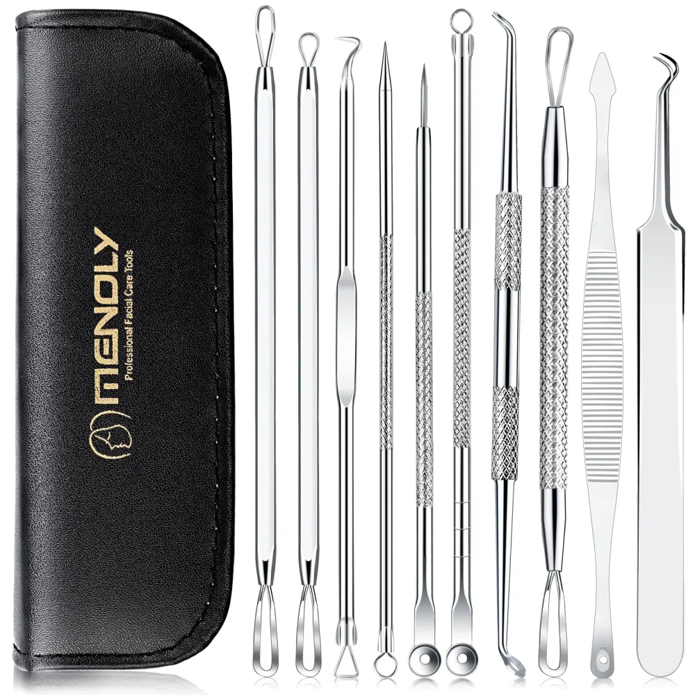 MENOLY Pimple Popper Tool Kit 10 Pcs Blackhead Remover Tool Zit Popper for Blemish, Pimple Comedone Extractor Acne Tool for Blackheads, Acnes, Whiteheads Nose Face with Leather Bag