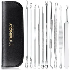 MENOLY Pimple Popper Tool Kit 10 Pcs Blackhead Remover Tool Zit Popper for Blemish, Pimple Comedone Extractor Acne Tool for Blackheads, Acnes, Whiteheads Nose Face with Leather Bag