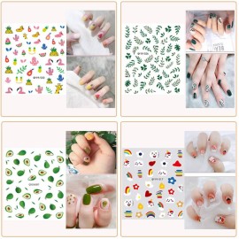Nail Stickers for Women and Little Girls - 12 Sheets 3D Self-Adhesive DIY Nail Art Decoration Set Including Flowers Leaves Animals Plants Fruits Nail Decals for Woman Kids Girls