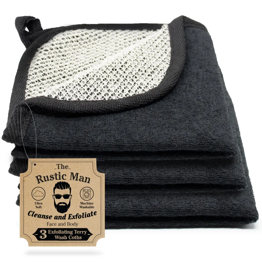 The Rustic Man Terry Wash Cloths for Face and Body, Dual-Sided Cleansing and Exfoliating Washcloths, Machine Wash, Black, 3 Count The Rustic Man Terry Wash Cloths for Face and Body, Dual-Sided Cleansing and Exfoliating Washcloths, Machine Wash, Black, 3 Count