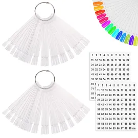 JASSINS 100 Pcs Clear Fan-shaped False Nail Swatch Sticks Nail Polish Practice Display Art Tips Nail Sample Sticks With Metal Split Ring