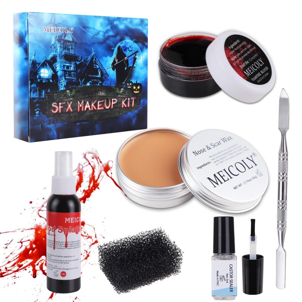 MEICOLY SFX Makeup Kit Scars Wax, Fake Blood Spray(2.1Oz) Halloween Special Effect Wound Modeling Skin Wax(1.67Oz) with Spatula, Black Stipple Sponge, Coagulated Blood Gel(1.06Oz),5ml Castor Sealer,02 MEICOLY SFX Makeup Kit Scars Wax, Fake Blood Spray(2.1Oz) Halloween Special Effect Wound Modeling Skin Wax(1.67Oz) with Spatula, Black Stipple Sponge, Coagulated Blood Gel(1.06Oz),5ml Castor Sealer,02