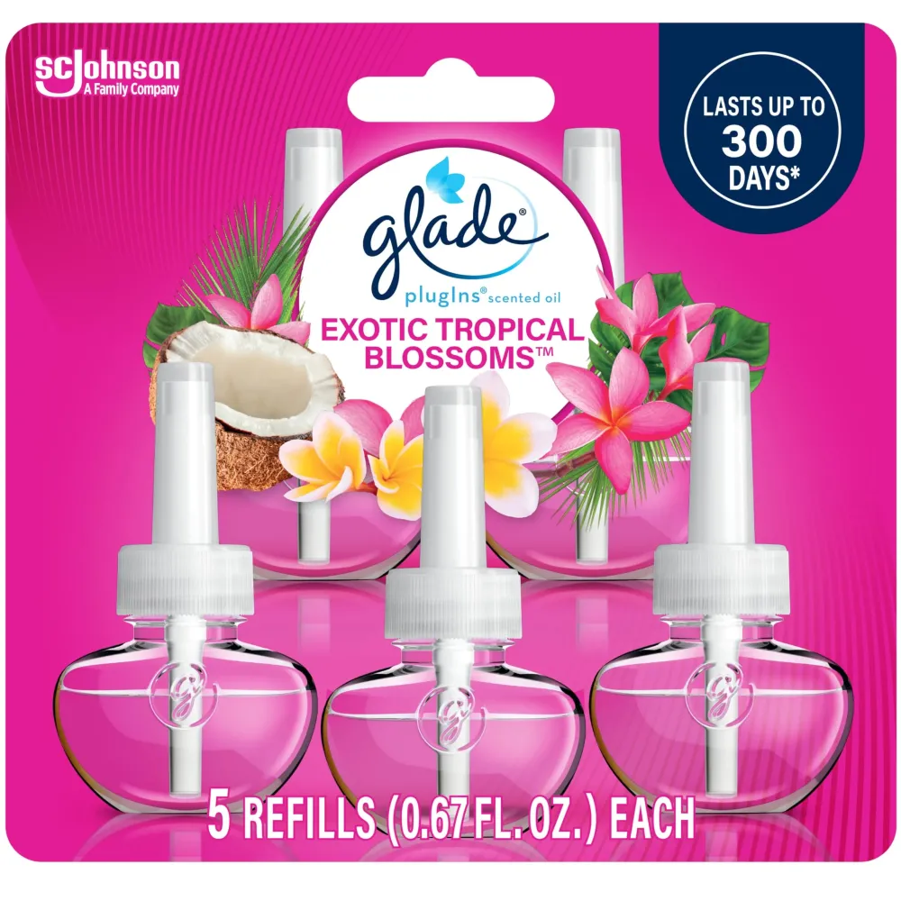 Glade PlugIns Refills Air Freshener, Scented and Essential Oils for Home and Bathroom, Exotic Tropical Blossoms, 3.35 Fl Oz, 5 Count Glade PlugIns Refills Air Freshener, Scented and Essential Oils for Home and Bathroom, Exotic Tropical Blossoms, 3.35 Fl Oz, 5 Count