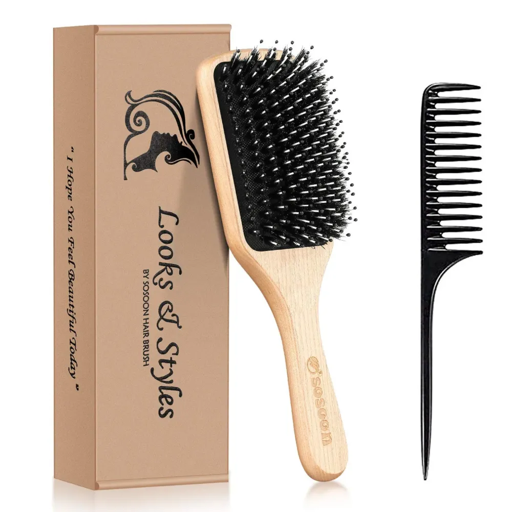 Hair Brush, Sosoon Boar Bristle Paddle Hairbrush for Long Short Thick Thin Curly Straight Wavy Dry Hair for Men Women Kids, No More Tangle, Giftbox & Tail Comb Included Hair Brush, Sosoon Boar Bristle Paddle Hairbrush for Long Short Thick Thin Curly Straight Wavy Dry Hair for Men Women Kids, No More Tangle, Giftbox & Tail Comb Included