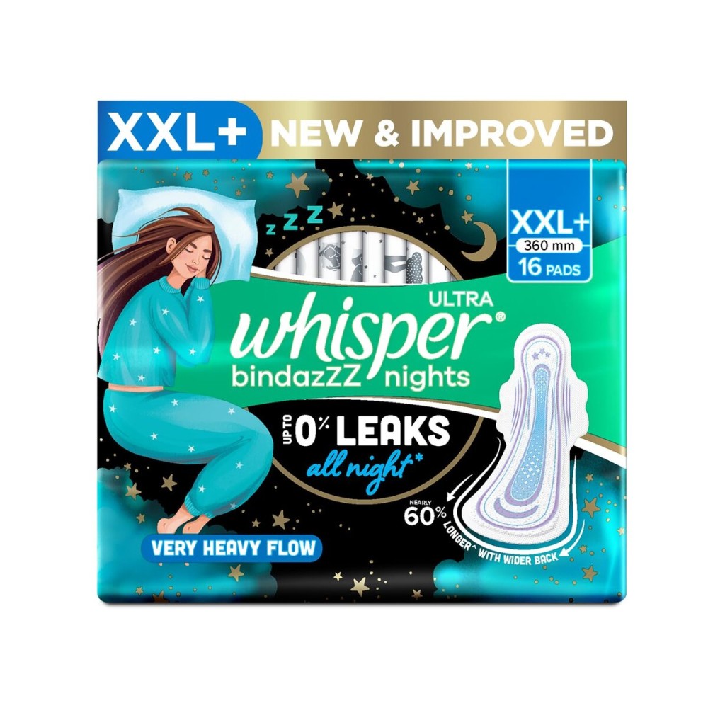 Whisper Bindazzz Night Sanitary Pads|Pack of 16 Thin Pads|XXL+|Upto 0% Leaks|60% Longer & Wider Back|Dry Top Sheet|Long Lasting Coverage|Faster Absorption|36 Cm Long|with Disposable Wrap Whisper Bindazzz Night Sanitary Pads|Pack of 16 Thin Pads|XXL+|Upto 0% Leaks|60% Longer & Wider Back|Dry Top Sheet|Long Lasting Coverage|Faster Absorption|36 Cm Long|with Disposable Wrap
