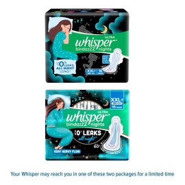 Whisper Bindazzz Night Sanitary Pads|Pack of 16 Thin Pads|XXL+|Upto 0% Leaks|60% Longer & Wider Back|Dry Top Sheet|Long Lasting Coverage|Faster Absorption|36 Cm Long|with Disposable Wrap