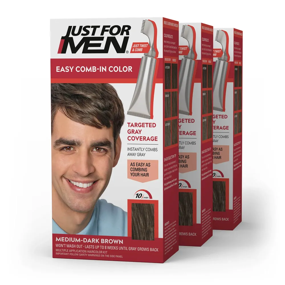 Just For Men Easy Comb-In Color Mens Hair Dye, Easy No Mix Application with Comb Applicator - Medium-Dark Brown, A-40, Pack of 3 Just For Men Easy Comb-In Color Mens Hair Dye, Easy No Mix Application with Comb Applicator - Medium-Dark Brown, A-40, Pack of 3