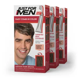 Just For Men Easy Comb-In Color Mens Hair Dye, Easy No Mix Application with Comb Applicator - Medium-Dark Brown, A-40, Pack of 3