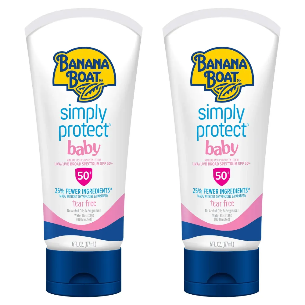 Banana Boat 100% Mineral Baby Sunscreen Lotion SPF 50 Twin Pack | SPF 50 Sunscreen for Babies, Baby Sunblock Lotion, Oxybenzone-Free, 6oz each