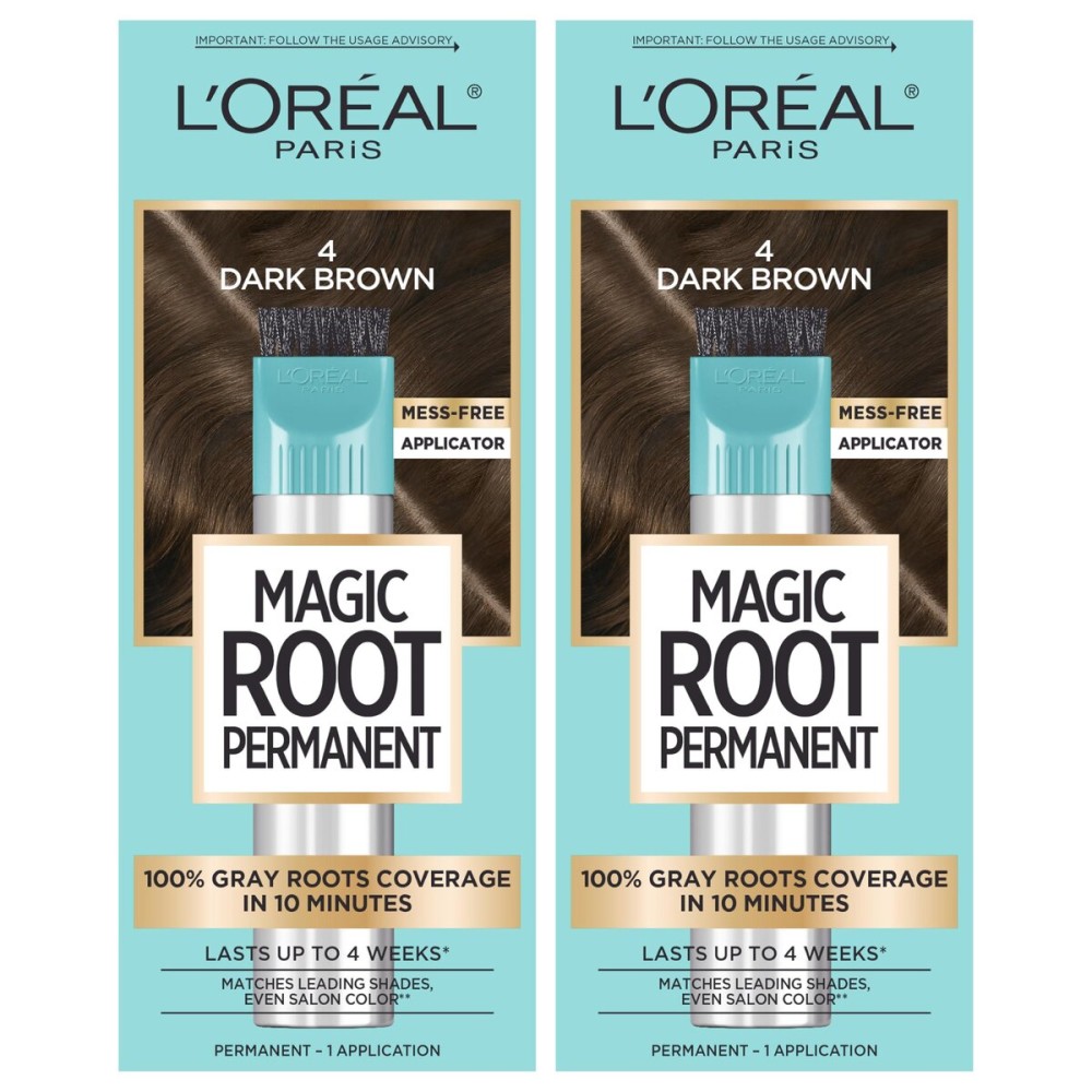 L\'Oreal Paris Magic Root Rescue 10 Minute Root Hair Coloring Kit, Permanent Hair Color with Quick Precision Applicator, 100 percent Gray Coverage, 4 Dark Brown, 2 count L\'Oreal Paris Magic Root Rescue 10 Minute Root Hair Coloring Kit, Permanent Hair Color with Quick Precision Applicator, 100 percent Gray Coverage, 4 Dark Brown, 2 count