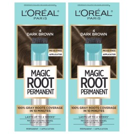L\'Oreal Paris Magic Root Rescue 10 Minute Root Hair Coloring Kit, Permanent Hair Color with Quick Precision Applicator, 100 percent Gray Coverage, 4 Dark Brown, 2 count