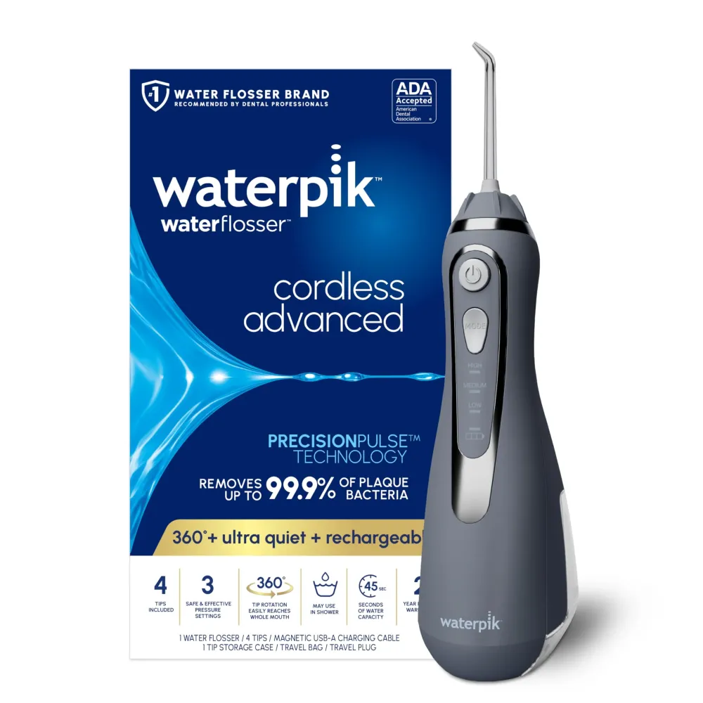 Waterpik Cordless Advanced 2.0 Water Flosser For Teeth, Gums, Braces, Dental Care With Travel Bag and 4 Tips, ADA Accepted, Rechargeable, Portable, and Waterproof, Gray WP-587, Packaging May Vary Waterpik Cordless Advanced 2.0 Water Flosser For Teeth, Gums, Braces, Dental Care With Travel Bag and 4 Tips, ADA Accepted, Rechargeable, Portable, and Waterproof, Gray WP-587, Packaging May Vary