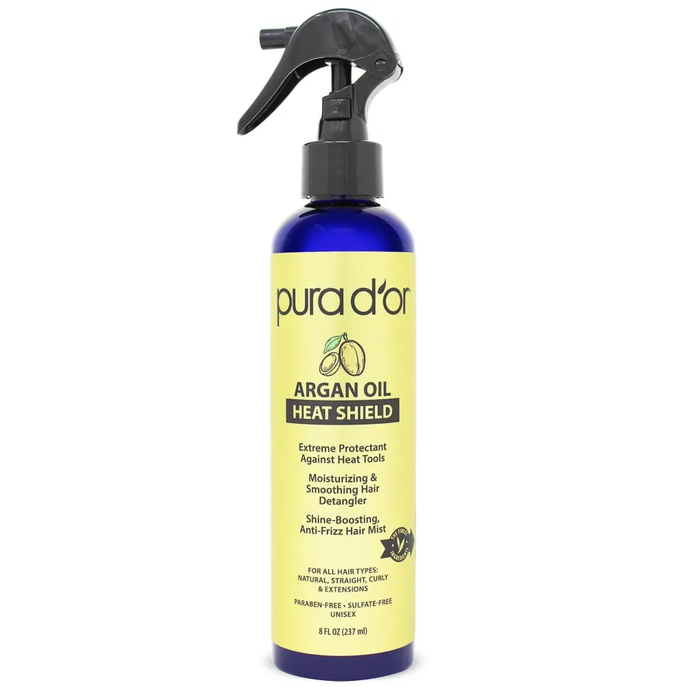 PURA D\'OR 8 Oz Argan Oil Heat Shield Protectant Spray with Select Organic Ingredients, Protects Up To 450 F From Flat Iron & Hot Blow Dry, Leave-In, Define & Shine Dry & Damaged Hair