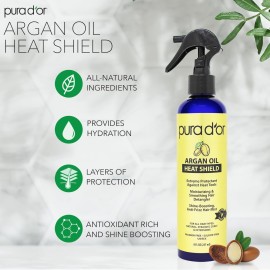 PURA D\'OR 8 Oz Argan Oil Heat Shield Protectant Spray with Select Organic Ingredients, Protects Up To 450 F From Flat Iron & Hot Blow Dry, Leave-In, Define & Shine Dry & Damaged Hair