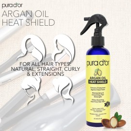PURA D\'OR 8 Oz Argan Oil Heat Shield Protectant Spray with Select Organic Ingredients, Protects Up To 450 F From Flat Iron & Hot Blow Dry, Leave-In, Define & Shine Dry & Damaged Hair