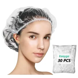 Keeygo Disposable Shower Caps 30 PCS Bath Caps Clear Waterproof Plastic Wraps for Women, Hotel Travel Essentials Accessories Hair Caps(17.3)